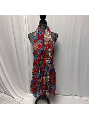 Red Blue Floral Scarf Fringed Ends Wrap Shawl Cover Up Versatile Styling